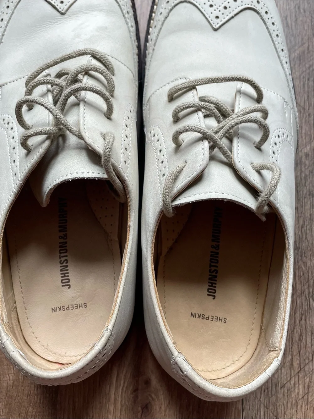 Johnston & Murphy Cream Wingtip Derby with Red-Brown Sole
